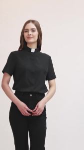 XinNgo Clergywoman Blouse Clergy Shirt with Tab Collar Short Sleeves Tops for Priest Pastor Preacher Minister Black White