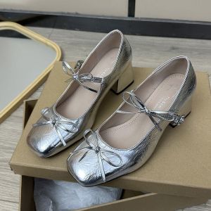 Free Shipping Trendy Square-Toe Shallow-Cut Bow-Adorned Chunky-Heeled Height-Increasing Flats Small Leather Shoes WomenS Preppy Style Fashionable And Elegant