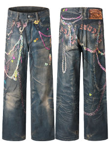 PannoFluxus อเมริกันวินเทจฮิปฮอปโซ่ฮิปฮอปกางเกงยีนส์พิมพ์พังก์กราฟฟิตีกางเกงยีนส์