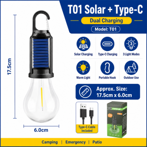 👍24H Ship👍Lampu Raya Solar Waterproof Camping Light Rechargeable LED Bulb 3 Modes Portable Hook Outdoor Tent Lamp