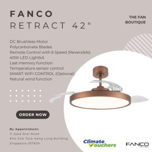 Fanco Tristar Retract 42" DC Retractable Ceiling Fan with 40W LED and Remote Control | Optional: Wifi