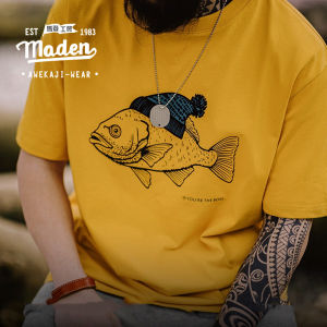 MADEN brand Mens Youth 2026 Summer New Funny and Cute American Retro Deep Sea Fish Flocking Print T-shirt Animal Pure Cotton Round Neck Short Sleeve