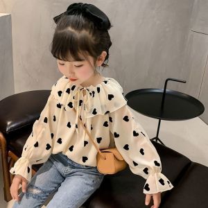 Wanders เสื้อผ้าเด็กผญ เสื้อเชิ้ตแขนยาวเด็กผู้หญิง การออกแบบรูปหัวใจเกาหลี เสื้อเชิ้ตแขนยาวผ้าชีฟองระบายอากาศผ้าฝ้ายสำหรับเด็กผู้หญิง