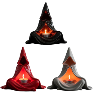 Resins Mystical Wizard Statue Resins Tealight Candleholder Hooded Cloak Sculpture Candlestick Halloween Decors Gift