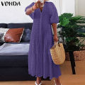 VONDA Women Fashion Solid Color Pleated Tunic Long Maxi Dresses V Neck Ruffled Hem Button Up Puff Sleeve Vestido (Plus Size). 