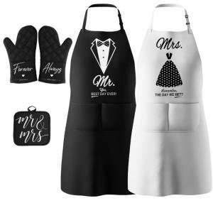 Matching Wedding Aprons Resistant Polyester Fabric Adjustable Straps Couple Aprons Giftset For Mr and Mrs Anniversary