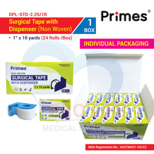Primes Surgical Tape with Dispenser(Non Woven)(Individually packaged)½” x 10 yards (36 Roll /Box)/1” x 10yards (24 Roll/Box)