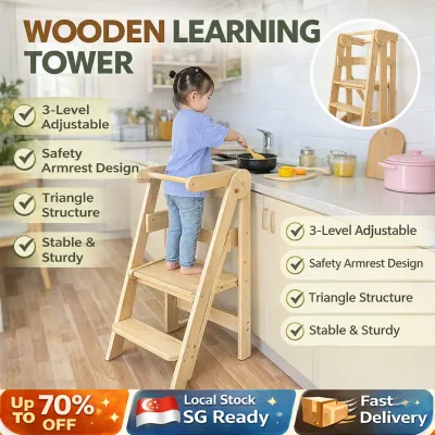 SG-Stock Wooden Learning Tower for KidsAdjustable Height Toddler Step Stoo Kitchen Helper Stand Safe & Stable