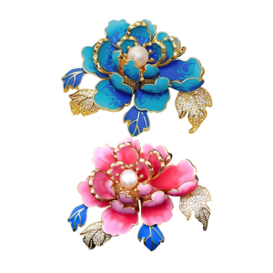 Luxurious Peony Design Brooch Pin With Hand Painted Enamel And Pearls Centerpiece Dress Accessory For Women