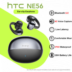 HTC NE56 AI translation headphones Wireless Bluetooth Earphone Original 4D Voice Capture 360° Spatial sound 20H Battery Life IPX5 Waterproof Ear-clip Earbud With Mic 3D Audio Sport Headset Low Latency Bluetooth 6.0