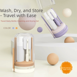 PROTRU Foldable 7 in 1 Bottle Brush Kit Soft Head Brush Vertical Drying Rack Silicone Pacifier Cleaning Kit Portable Dust Cover Baby Bottle Cleaner Home Use