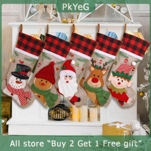 [COD] PkYeG KITCHEN Christmas Stockings Christmas Stocking Deer Santa Snowman Burlap Plaid Xmas Stocking Holiday Christmas Decoration For Family