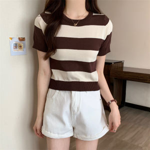 FRAN Korean Striped Short Sleeved Knitted Top Women Round Neck Slim Fit T-shirt