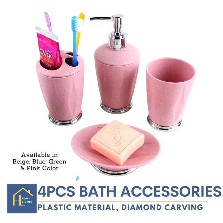 4-Piece Diamond Carve Design Bath Accessories Set - Plastic Material, Bathroom Counter Storage ...