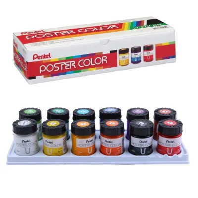 Màu poster Pentel bộ 12 màu bột pha sẵn lọ thuỷ tính 30ml WPU2-12/ lọ nhựa 12 ml POC-12E