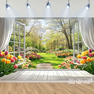 Tranh dán tường 3d cửa sổ hoa tulip sắc màu có sẵn keo dán tiện lợi