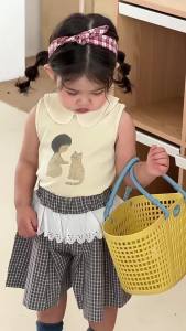 Baby sleeveless T T-shirt with lace trim and plaid shorts set for girls summer clothing lightweight Korean-style childrens wear childrens summer outfit