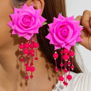 GENENIC Beads Tassel Faux Rose Earrings Bohemian Style Temperament Flower Earrings Sweet Elegant Women Jewelry Women