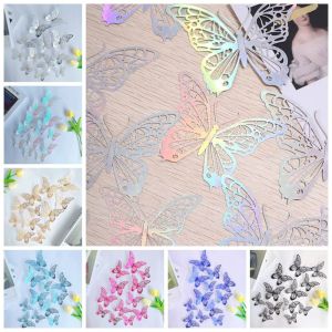 MQU19 12pcs/set Colorful Hollow Butterfly Sticker Exquisite DIY Simulation Butterfly Ornaments Background 3 Sizes 3D Butterfly Wall Decor Home Decoration