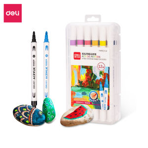 Bút Sơn Acrylic Marker 2 Đầu Cao Cấp Deli - Kèm Hộp Nhựa - 12/24/36/48 Màu Đậm Đều - Tô Màu Đi Nét DIY Vẽ Giày Quần Áo HM913