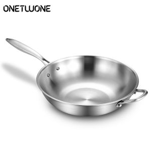 Onetwone 400 Stainless Steel Wok 32/34cm Flat Pot Kitchen Cookware Non-stick Frying Pot Fry Pan Gas Induction Cooker Stir Fry Pans Gift