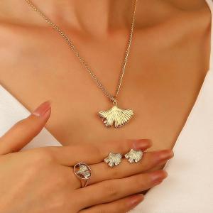 Fashion Geometric Gold Color Ginkgo Biloba Leaf Earrings Ring Necklace Creative Three-Piece Set Simple Charm Woman Jewelry Set