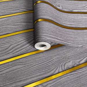 WALLPAPER DINDING RUANGAN STIKER DINIDNG DEKORASI KAMAR MOTIF PANEL ABU MUDA GARIS GOLD 45CM X 8M