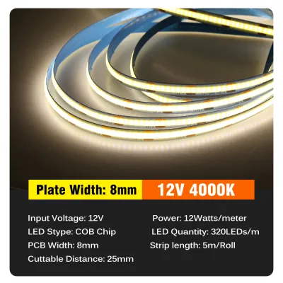 Super Bright No Glare DC12V/24V COB 8mm LED Strip Neon Lights 5M 320LEDs/m COB Multicolor Flexible LED Light Strip Multiple Colour Decorative light strip