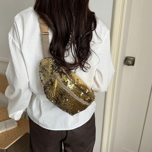 THOMA Lightweight Sequin Waist Packs Versatile Glitter Chest Bag Casual Wide Shoulder Strap Shiny Fanny Pack Girls