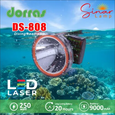 Dorras DS 808 Diving Headlamp LED Laser 250 Watt 20 Hours Battery 9000 mAh Underwater Scene Long Lasting Baterry Super Bright