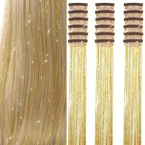 12Pcs Tóc tổng hợp Tinsel Clip Trong 20Inch kim tuyến long lanh kẹp tóc Trong Tinsel Kit Chịu Nhiệt lấp lánh sáng bóng Cổ Tích Tóc