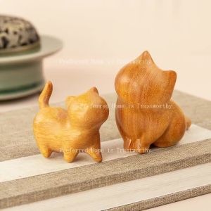 ZZSA Sandalwood Cat Wood Carving Handle Piece Creative Personality Retro Interior Office Desk Decoration Home Decor T2Y7B