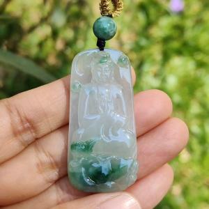 Icy Good Translucency with Green Natural Type A Jadeite Pendant Necklace crafted with Buddha and Lotus certificate included weigh 13.2 grams 46.2 * 22.5 * 6.3 mm