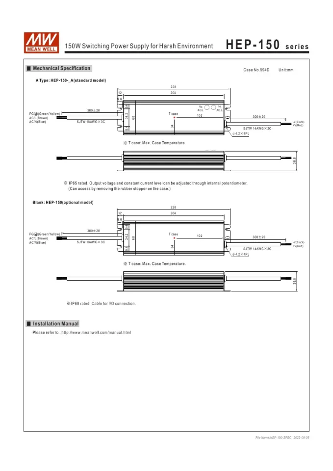 MEAN WELL HEP-150 Series HEP-150-12A HEP-150-15A HEP-150-24A HEP