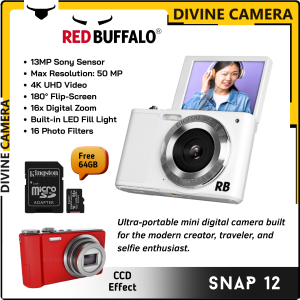 Red Buffalo Snap 12  Mini Flip-Screen CCD Camera 16x Digital Zoom Selfie 13MP