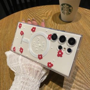 CrashStar MagSafe Red Flower Transparent Soft Phone Case For Samsung Galaxy Note 20 Ultra S25 S24 S23 S22 Ultra S21 Plus + S20 FE A55 A35 A15 A05S Wireless Charging Phone Casing Cover Shell With Camera Protection