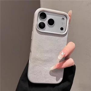 Luxury Case for iPhone 17 16 15 Pro Max Pu Leather Silk Pattern Wireless Charging Protective Velvet Back Cover Capinha