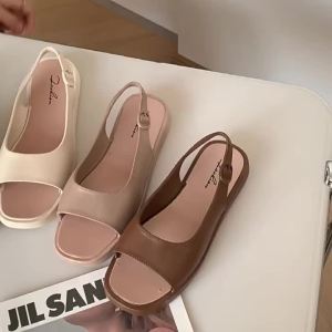[Free Shipping] New Summer Outdoor Sandals Square Toe Womens Fashion Solid Color Open Toe Casual Flat Back Strap Womens Shoes