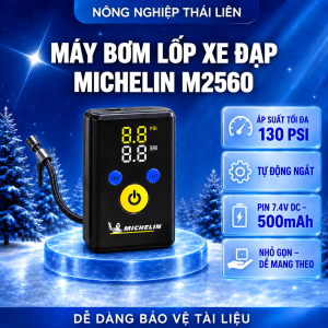 Máy bơm lốp xe đạp M2560 Michelin Dùng pin (500mAh) tự động đo ngắt áp suất lốp BH 6 tháng