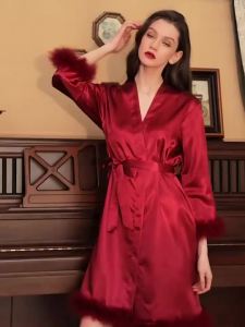 Smile Plain Ice Silk Robes Feather Pajamas Bridesmaid Dresses Morning Gowns Comfortable Long-sleeved