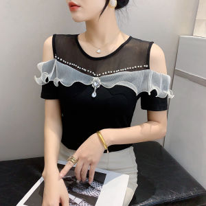 Yimei 2024 Mùa Hè Thiết kế mới cảm giác ra khỏi vai áo thun tay ngắn của phụ nữ ngọt ngào Ruffle cạnh kim cương nổi bật hàng đầu