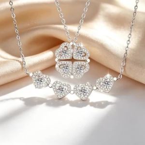Diamond Inlaid Moissanite S925 Silver Heart-shaped Clover Combination Necklace Jewelry Affordable Luxury Design for Girls Gift
