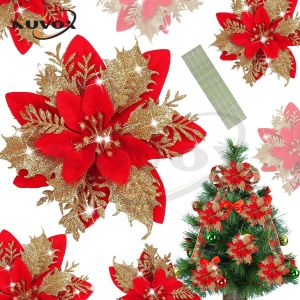 NUVOX 5/30 PCS Gold Red Poinsettia with Stick/Clip Flower Artificial Poinsettia Christmas Decor Glitter Poinsettia Christmas Ornaments Christmas Tree Flower Decoration with Stems DIY Xmas Wreath Holiday Party Decor