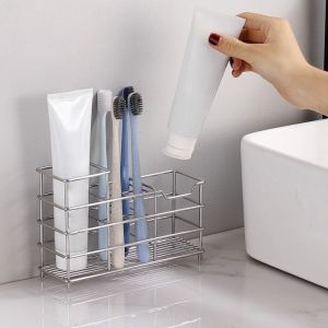 TRASTO 304 Stainless Steel 6 Grids Toothbrush Holder Easy To Clean Ventilated Bathroom Storage Holder Anti-Rust Non-Slip Shower Table Bracket Bathroom Accessories