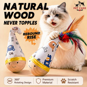 Cat Tumbler Toy Cute Design Interactive Teaser with Feathers for Cats & Dogs Natural Beech Wood Toy