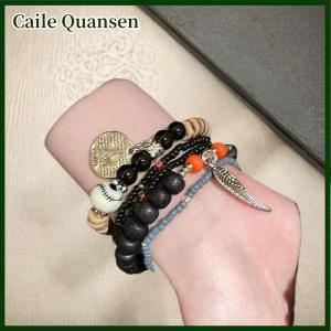 Caile 5ชิ้นสร้อยข้อมือลูกปัดข้าวหลายชั้นสไตล์โบฮีเมียนสร้อยข้อมือเชือกยางยืดเครื่องประดับสไตล์ชนเผ่า