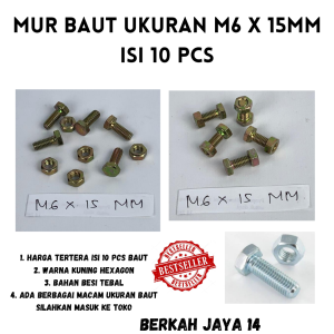 BAUT M6X15 MM ISI 10 PCS WARNA KUNING HEXAGON HEX BMK MUR BAHAN BESI TEBAL HARGA MURAH BERKUALITAS PROMO DISKON TERLARIS
