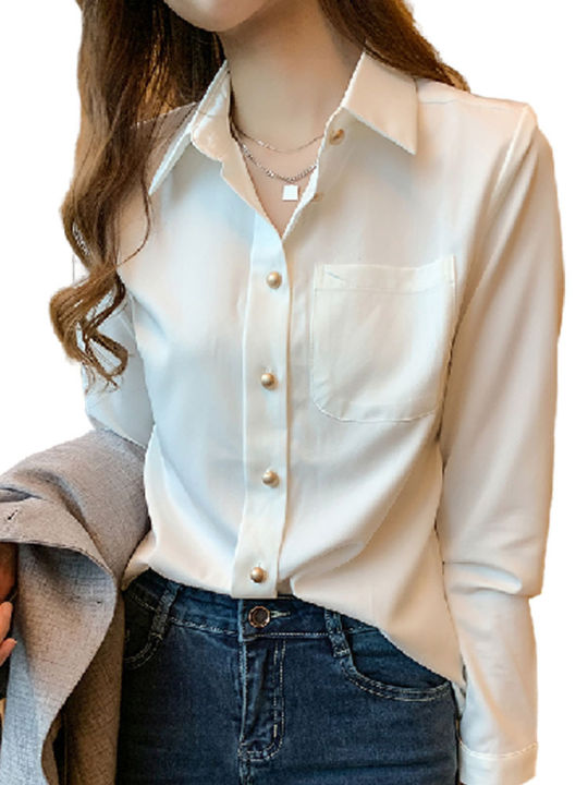 Chiffon Blouse for Women 2023 Long Sleeve Loose Chiffon White Shirt Formal  Office Business Wear Korean Style Clothes New Design Temperament Generous  Casual Tops Design Sense
