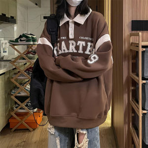 QM Retro Polo Long-sleeved Sweater Women Oversize Print Vintage Lapel Hoodies-YLK15