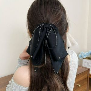 Zircon Chain Bow Hairpin Korean Fabric Diamond Ponytail Claw Small Hair Clip Womens Hair Accessory